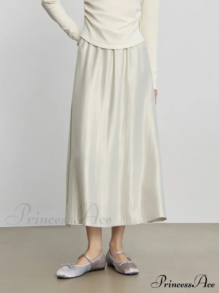 Solid Long High Waist Elastic Silver Grey Draped A-Line Commuter Skirt