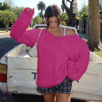 Solid Loose V-Neck Off-Shoulder Sweater