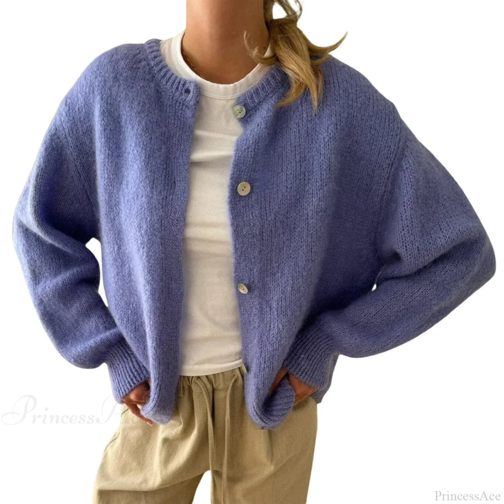 Solid O-neck Cropped Knitted Cardigan