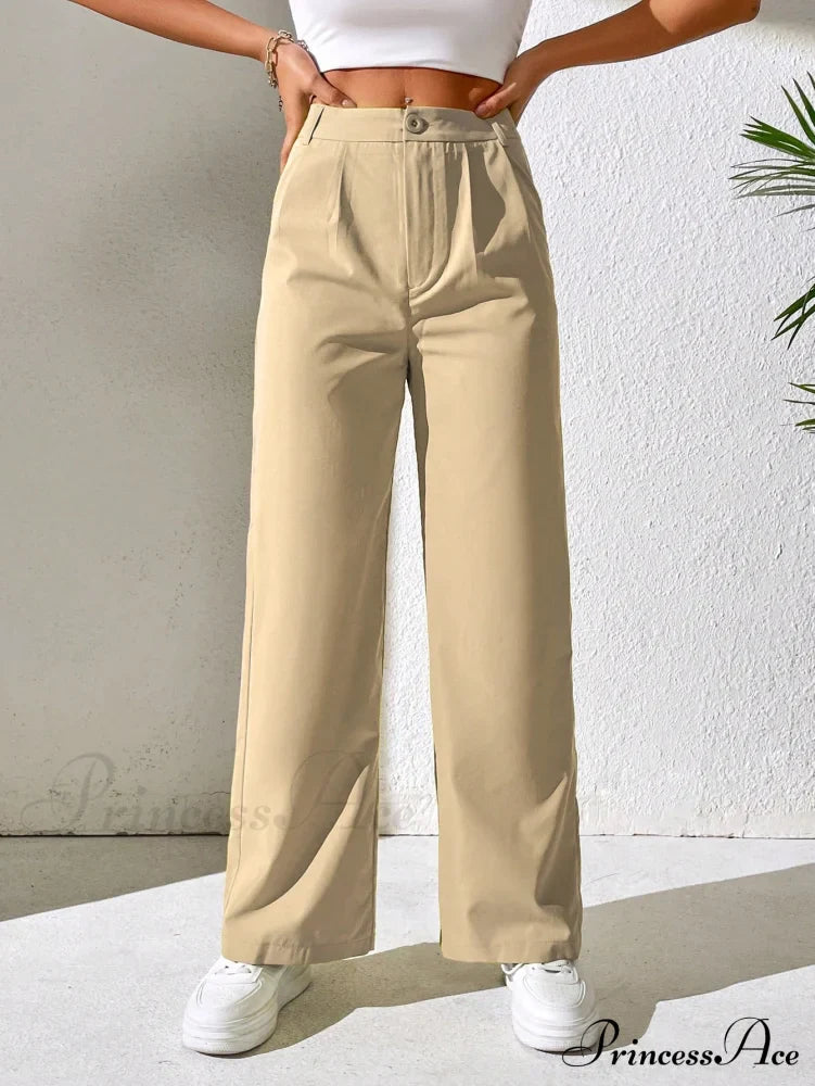 Solid Plicated Detail Straight Leg Pants