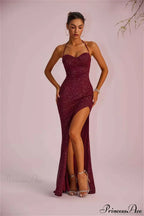 Solid Plunging Backless Slit Fitted Maxi Party Dress