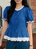 Solid Puff Sleeve Lace Patchwork Stand Collar Blouse