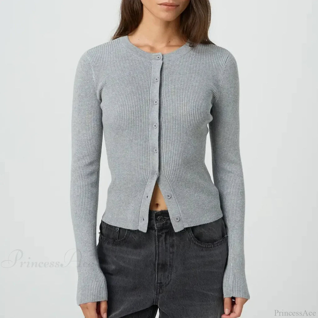 Solid Ribbed Button Up Slim Knit Cardigan