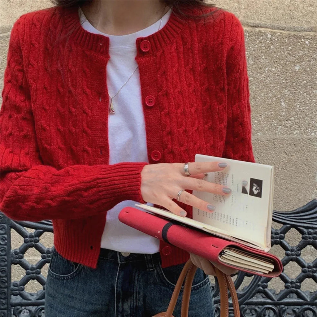 Solid Round Neck Single Breasted 2000s Style Knit Cardigan