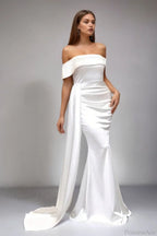 Solid Satin Off-the-Shoulder High Waist Mermaid Evening Dress