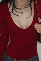 Solid Sexy V-Neck Slim Long Sleeve Tee