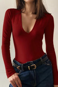 Solid Sexy V-Neck Slim Long Sleeve Tee