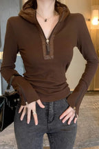 Solid Slim Half-Zip Hooded Long Sleeve Tee