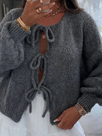 Solid Tie Front Round Neck Loose Cardigan
