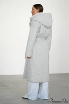 Solid Warm Long Hooded Belted Cotton Puffer Overcoat