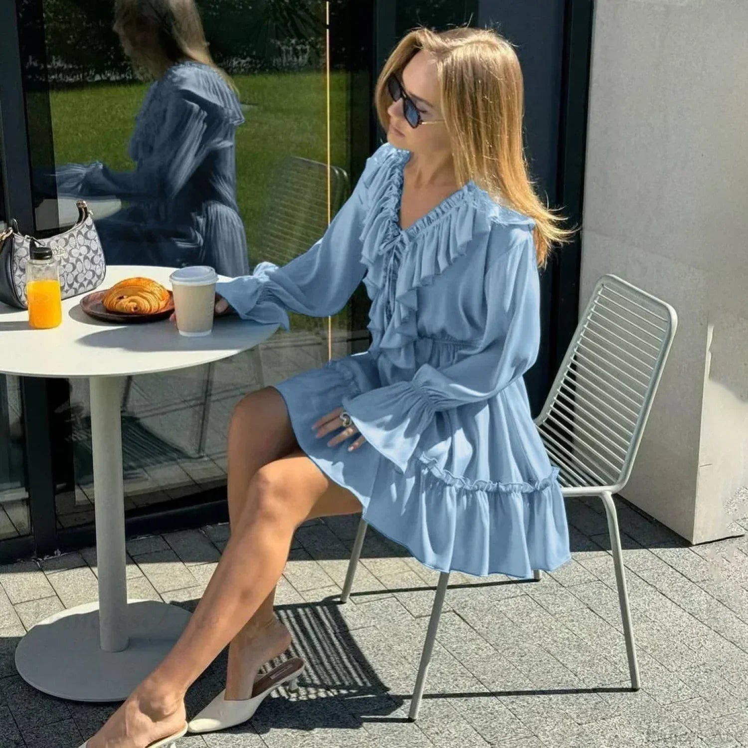 Solid White Cotton Rayon Long Sleeve Ruffle Dress