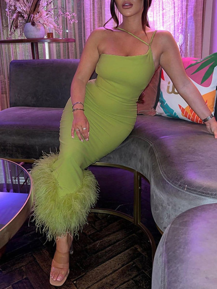 Sonia One Shoulder Feather Midi Dress