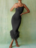 Sonia One Shoulder Feather Midi Dress
