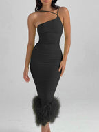 Sonia One Shoulder Feather Midi Dress