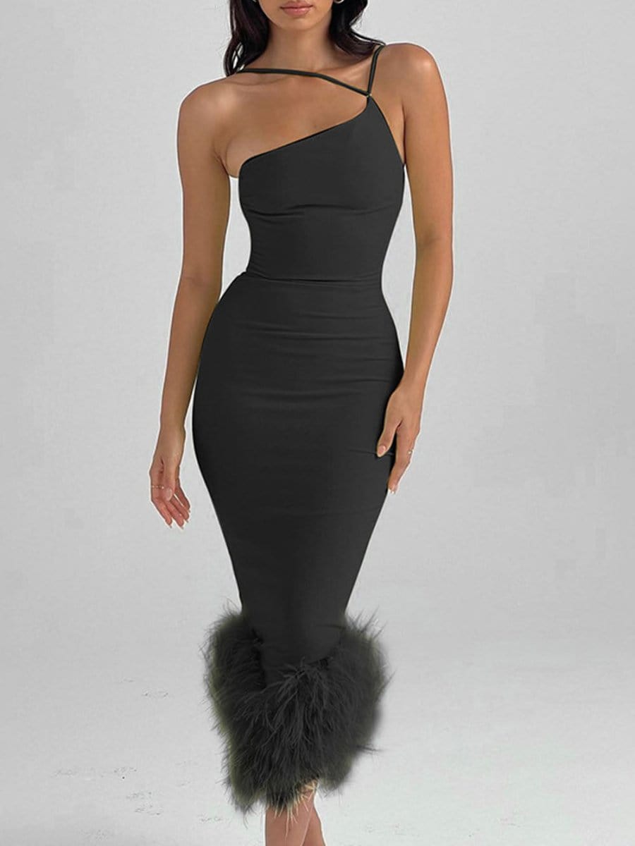 Sonia One Shoulder Feather Midi Dress