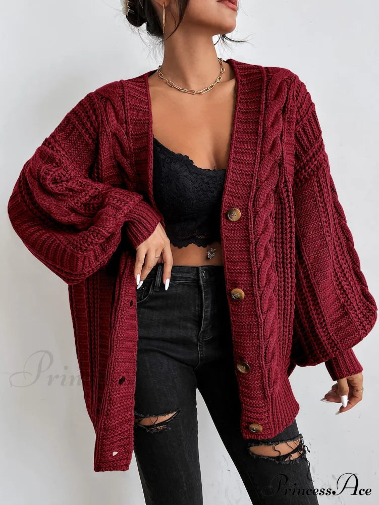Space Dye Drop Shoulder Cable Knit Lantern Sleeve Cardigan