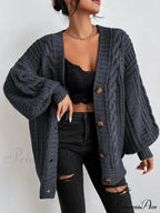 Space Dye Drop Shoulder Cable Knit Lantern Sleeve Cardigan