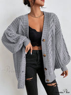 Space Dye Drop Shoulder Cable Knit Lantern Sleeve Cardigan