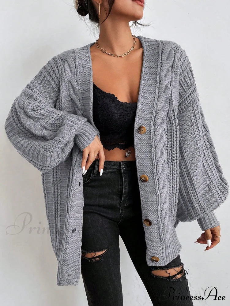 Space Dye Drop Shoulder Cable Knit Lantern Sleeve Cardigan