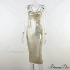Spaghetti Strap Gold Midi Fashion Wrap Chest Slim Backless Summer Party Club Bodycon Dress