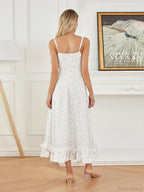 Spaghetti Strap Ruffled Long Sweet Sling Bubble Hem A-line Floral Dress