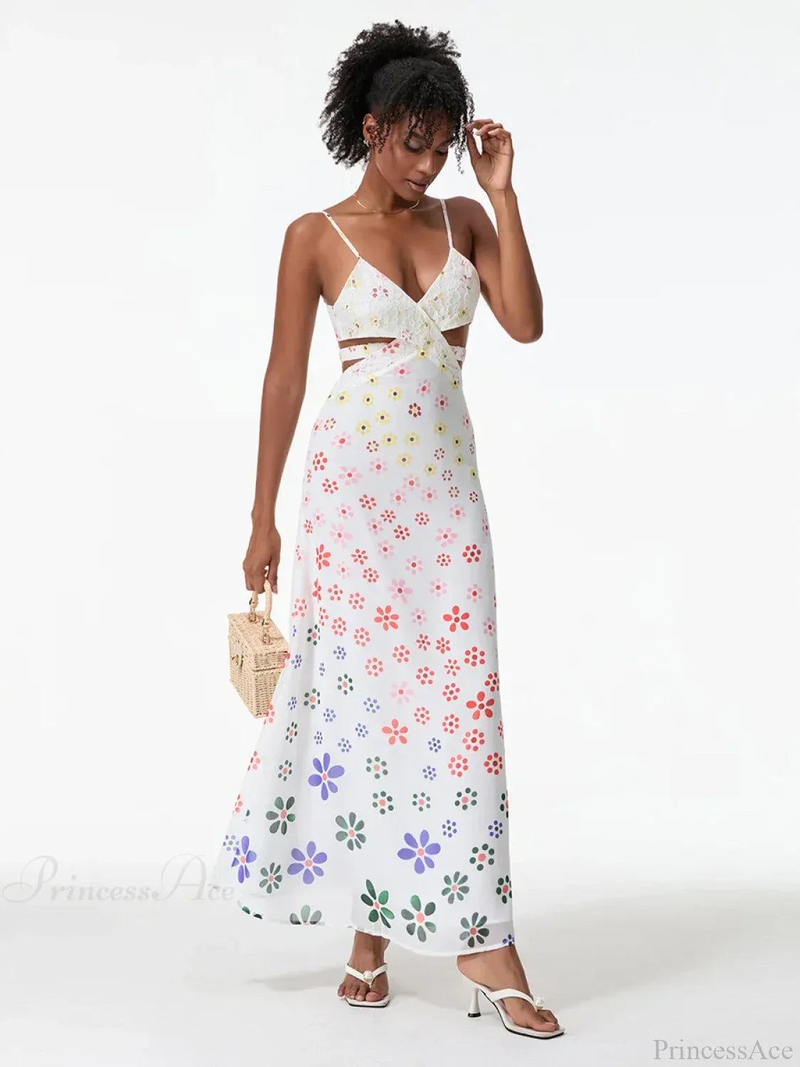 Spaghetti Straps Elegant Backless Bow Cross Floral Dress