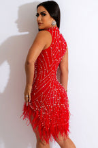 Sparkly Crystal Beaded Sleeveless Sheer Mesh Feather Club Mini Dress - Red