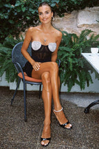Sparkly Crystal Heart Shape Semi Sheer Strapless Party Mini Dress - Black