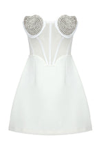 Sparkly Crystal Heart Shape Semi Sheer Strapless Party Mini Dress - White
