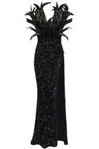 Sparkly Deep V Feather Trim Sequin High Waist Thigh Split Evening Maxi Dress - Black