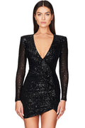 Sparkly Galaxy Long Sleeve Ruffle Deep V Sequin Mini Dress - Black