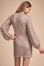 Sparkly Long Sleeve Round Neck Sequin Mini Dress - Black