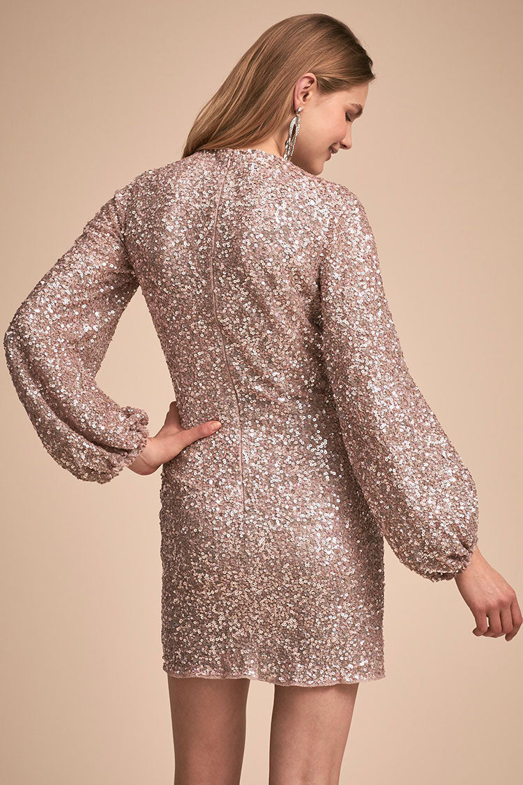 Sparkly Long Sleeve Round Neck Sequin Mini Dress - White