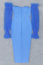 Sparkly Puff Sleeve Off Shoulder Corset Mesh Bandage Midi Dress - Blue