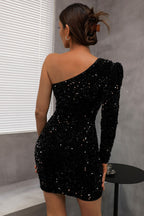 Sparkly Puff Sleeve One Shoulder Wrap Velvet Sequin Mini Dress - Black