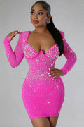 Sparkly Rhinestone Beaded Bustier Long Sleeve Party Mini Dress - Hot Pink