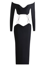 Sparkly Rhinestone Bow Cutout Off Shoulder Bandage Cocktail Midi Dress - Black