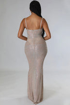 Sparkly Rhinestone Bustier Sheer Mesh Sleeveless Fishtail Evening Maxi Dress - Khaki