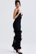 Sparkly Rhinestone Deep V Sleeveless Feather Trim Evening Maxi Dress - Black