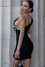 Sparkly Rhinestone Flower V Neck Sleeveless Bandage Knit Party Mini Dress - Black