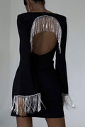 Sparkly Rhinestone Fringe Cutout Square Neck Long Sleeve Party Mini Dress - Black