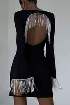 Sparkly Rhinestone Fringe Cutout Square Neck Long Sleeve Party Mini Dress - Black