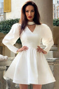 Sparkly Rhinestone Fringe High Neck Fit & Flare Long Sleeve Mini Party Dress - White