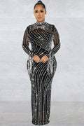 Sparkly Rhinestone Fringe Long Sleeve Sheer Evening Maxi Dress - Black