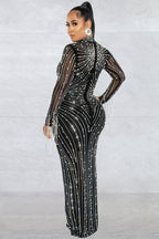 Sparkly Rhinestone Fringe Long Sleeve Sheer Evening Maxi Dress - Black