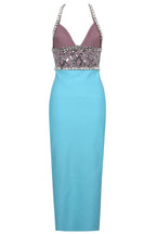 Sparkly Rhinestone Halter Deep V Sequin Bicolor Bandage Cocktail Midi Dress - Sky Blue