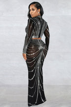 Sparkly Rhinestone High Neck Crop Top High Waist Two Piece Maxi Dress - Black