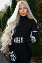 Sparkly Rhinestone High Neck Long Sleeve Bodycon Bandage Knit Midi Dress - Black