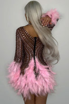 Sparkly Rhinestone High Neck Sheer Mesh Feather Trim Party Mini Dress - Pink