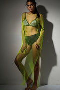 Sparkly Rhinestone Long Sleeve Split Fishnet Sheer Club Maxi Dress - Neon Green